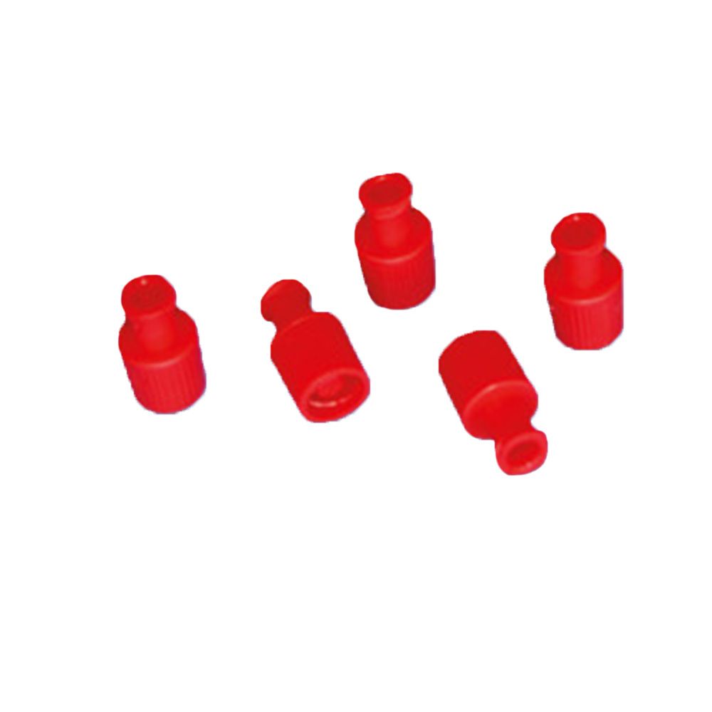 Cinq bouchons rouges. Matériau PE, non pyrogène.