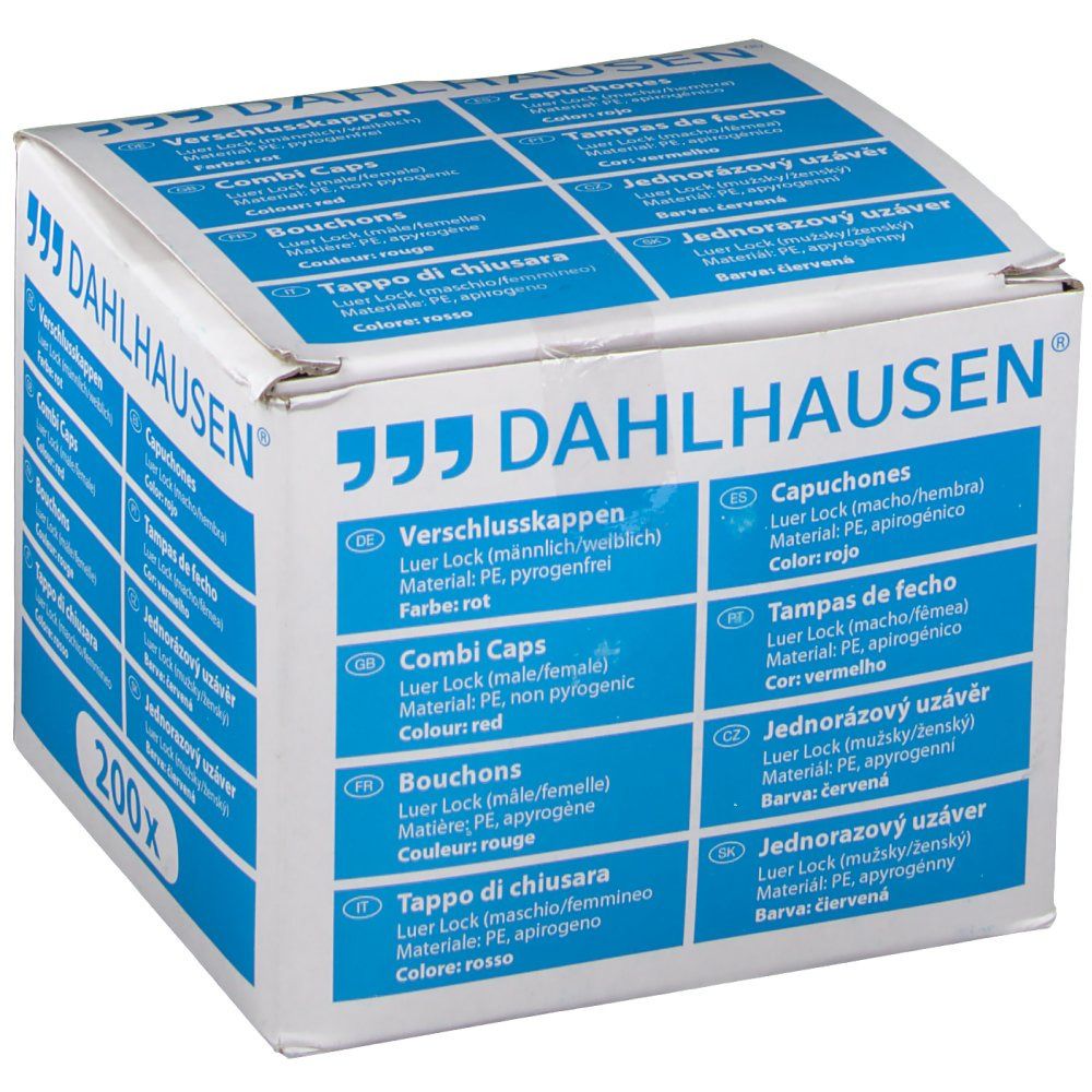 Emballage DAHLHAUSEN® Bouchon combiné rouge. 200 pièces. Informations produit multilingues.