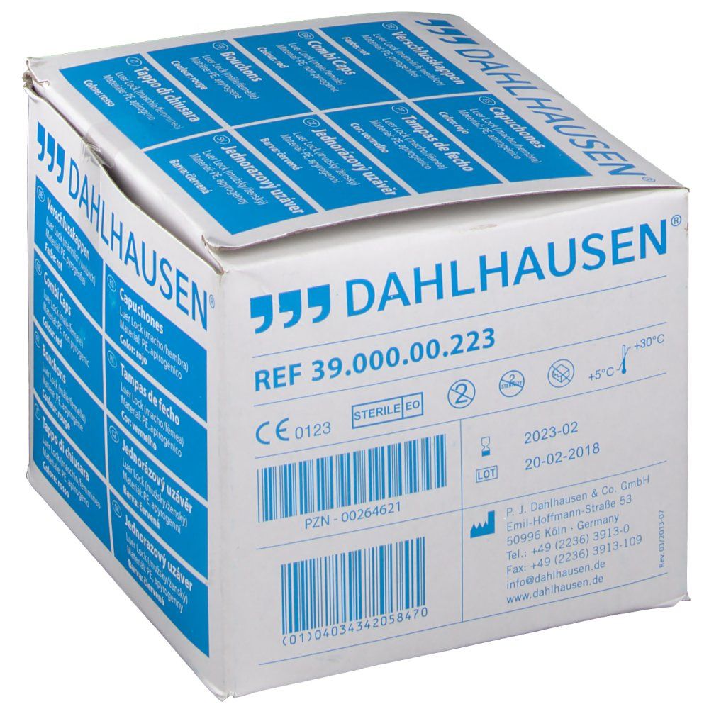 Emballage DAHLHAUSEN® Bouchon combiné rouge. REF 39.000.00.223. Stérile EO. Dates de production et de péremption.