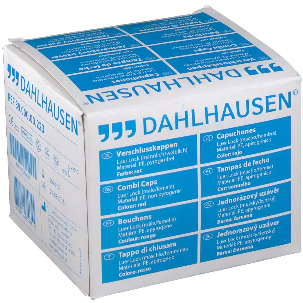 Emballage DAHLHAUSEN® Bouchon combiné rouge. Informations produit multilingues.