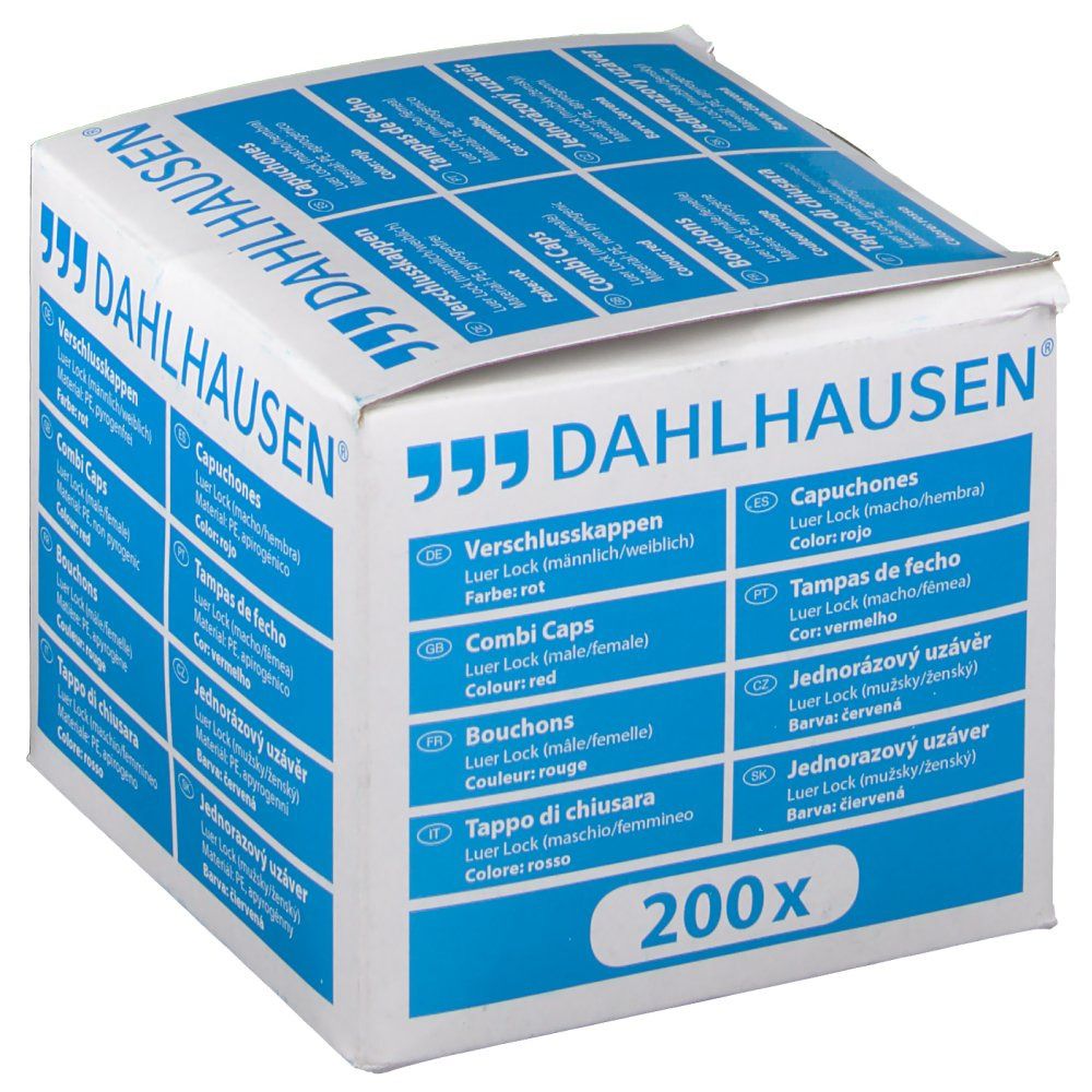 Emballage DAHLHAUSEN® Bouchon combiné rouge. 200 pièces. Informations produit multilingues.