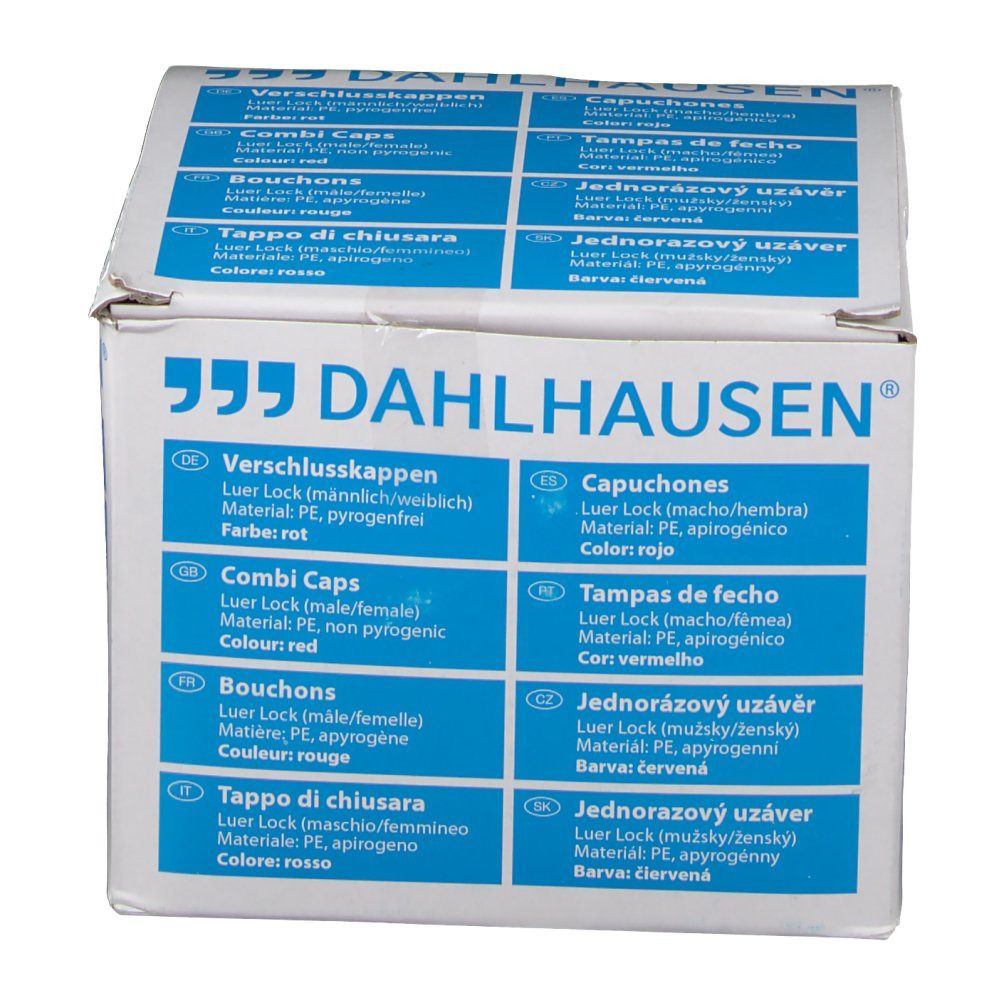 Emballage DAHLHAUSEN® Bouchon combiné rouge. Informations produit multilingues.