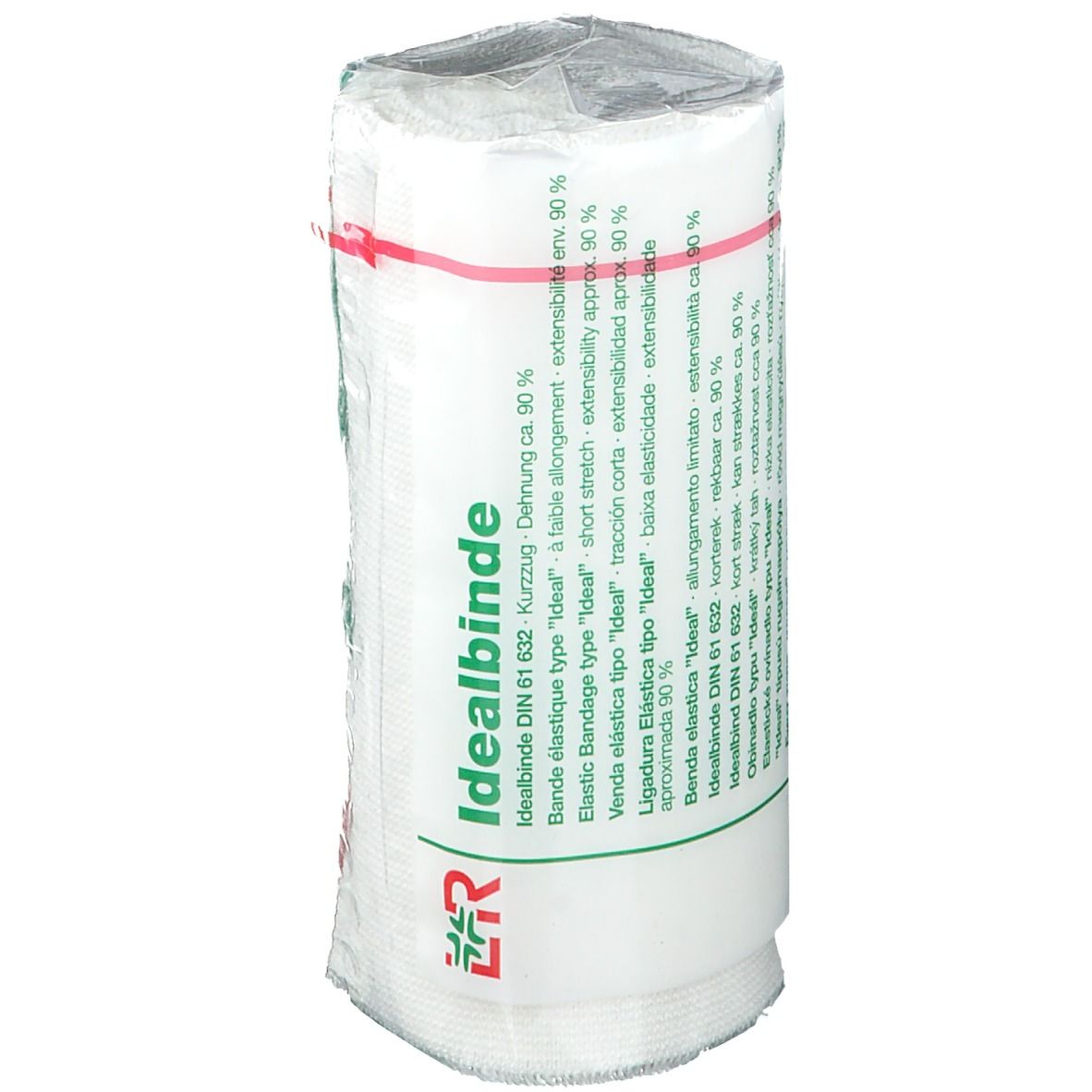 Bande élastique blanche, emballée dans du film plastique. Avec élastique rouge. Impression: Idealbinde, logo L&R, détails.