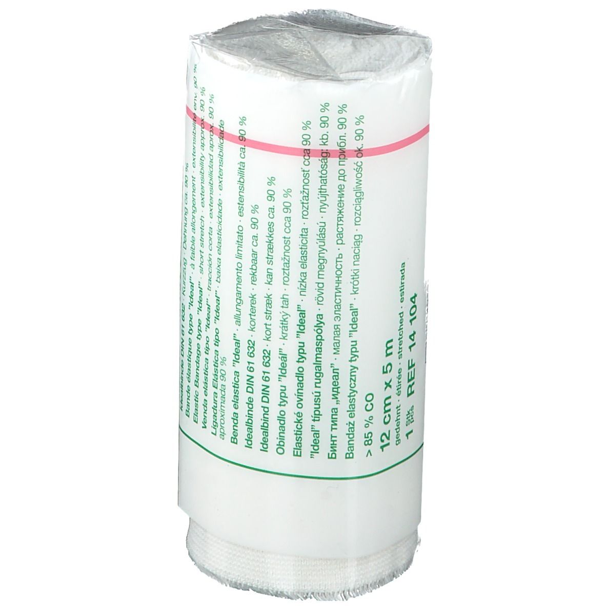 Pansement blanc en emballage plastique. Impression: 12 cm x 5 m, Idealbinde, détails. Avec élastique rouge.