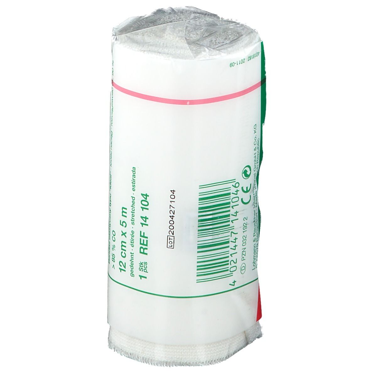 Pansement blanc en emballage plastique. Impression: 12 cm x 5 m, REF 14 104, détails. Avec bande verte.