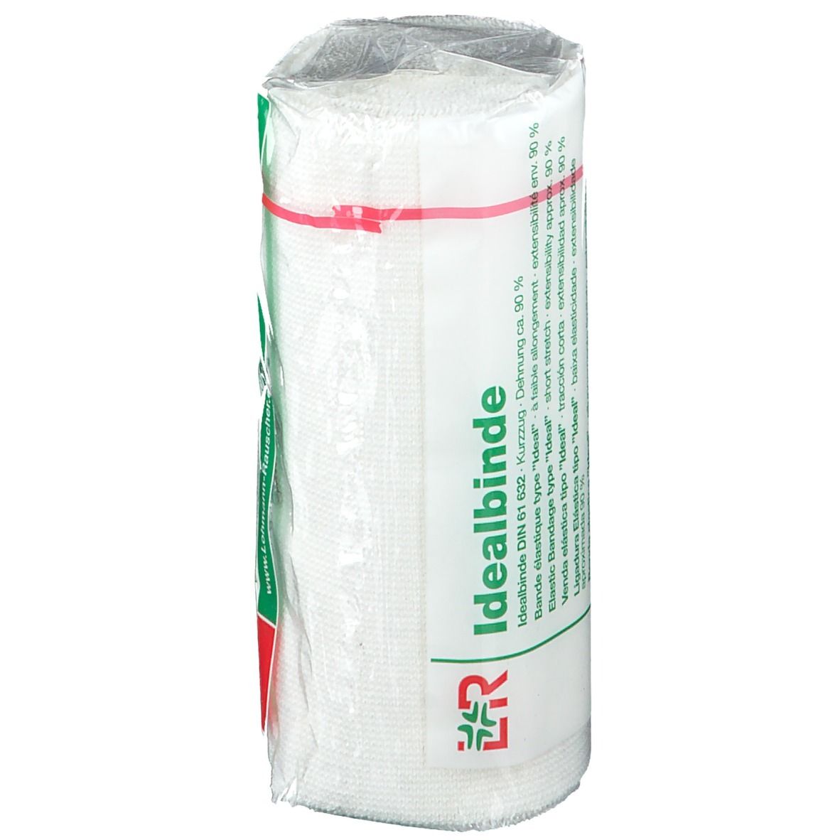 Bande élastique blanche, emballée dans du film plastique. Avec élastique rouge. Impression: Idealbinde, logo L&R, détails.