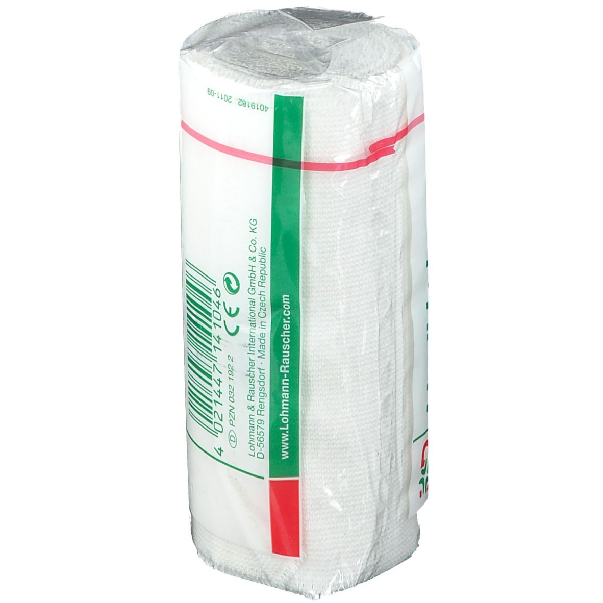 Pansement blanc en emballage plastique. Impression: 12 cm x 5 m, détails. Avec bandes verte et rouge.