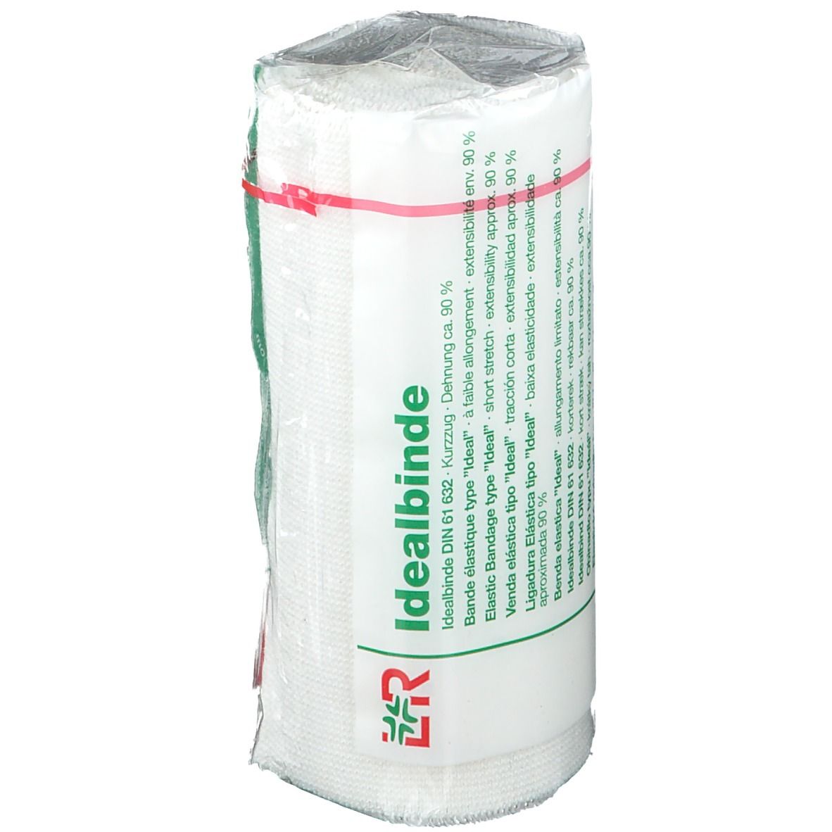 Bande élastique blanche, emballée dans du film plastique. Avec élastique rouge. Impression: Idealbinde, logo L&R, détails.