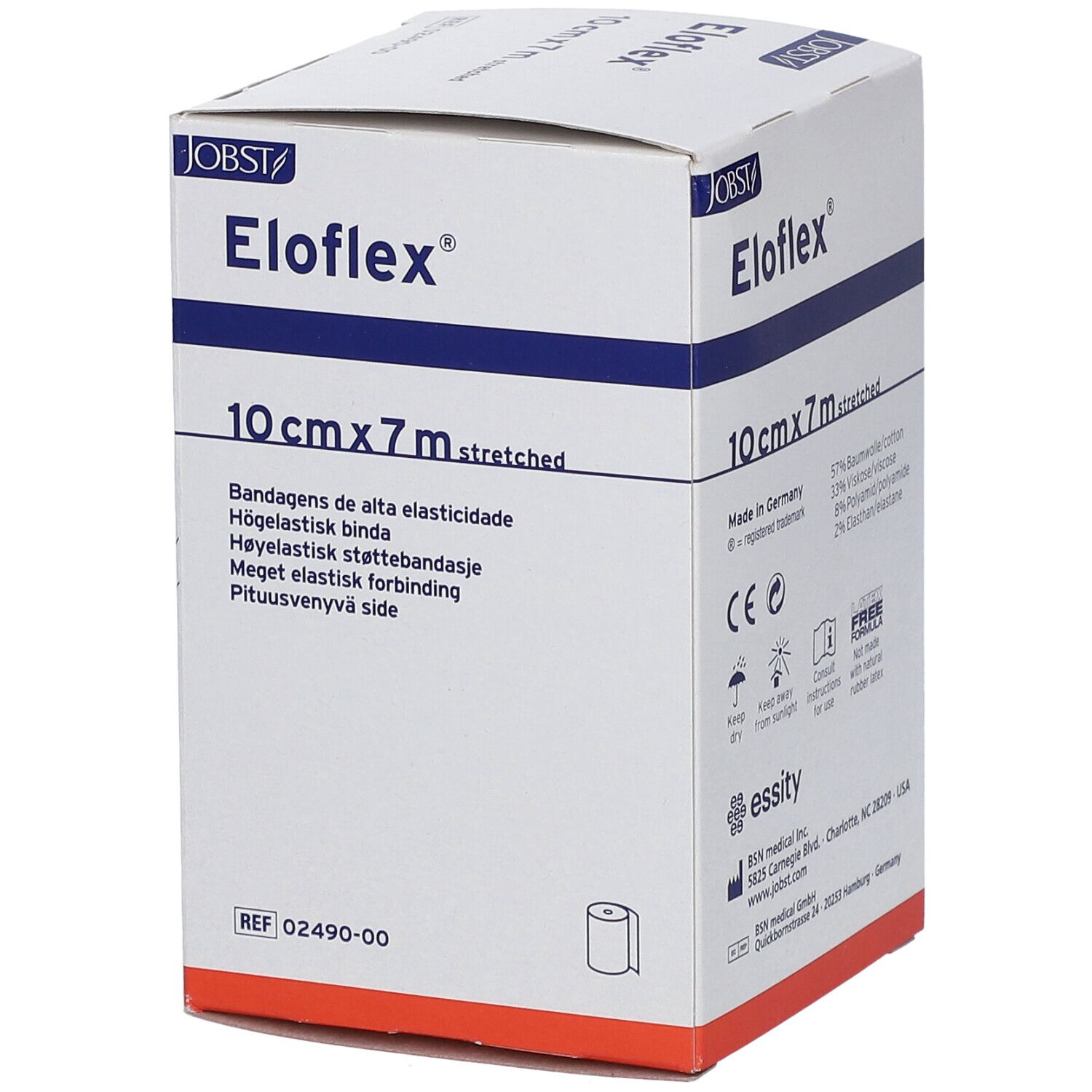 Pansement Eloflex, 10 cm x 7 m étiré. Boîte avec nom, dimensions et traductions multilingues.