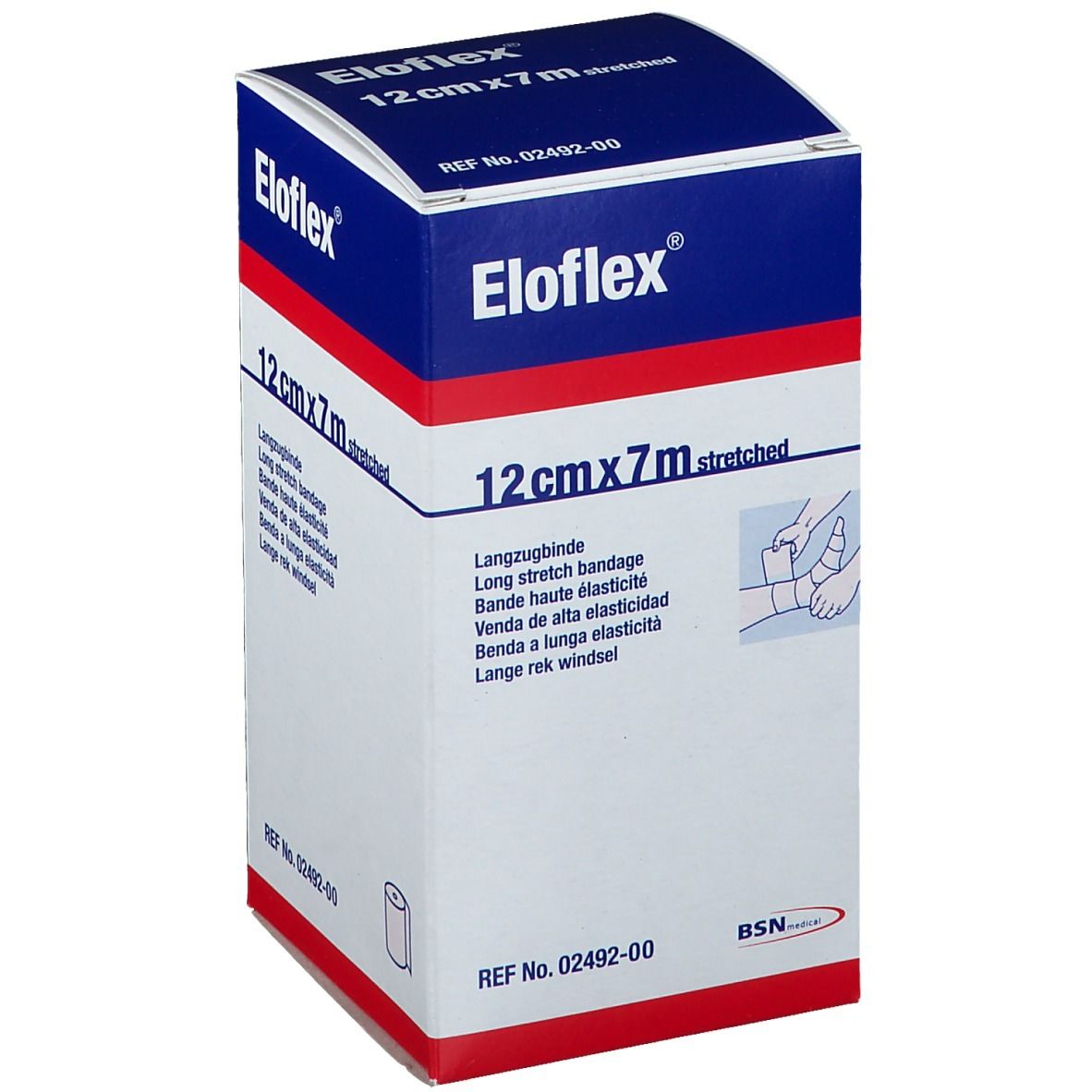 Emballage Eloflex. 12cm x 7m étiré. Bande de contention. Boîte blanche et bleue avec informations et logo.