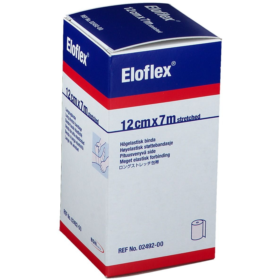 Emballage Eloflex. 12cm x 7m étiré. Bande de contention. Boîte blanche et bleue avec informations et logo.