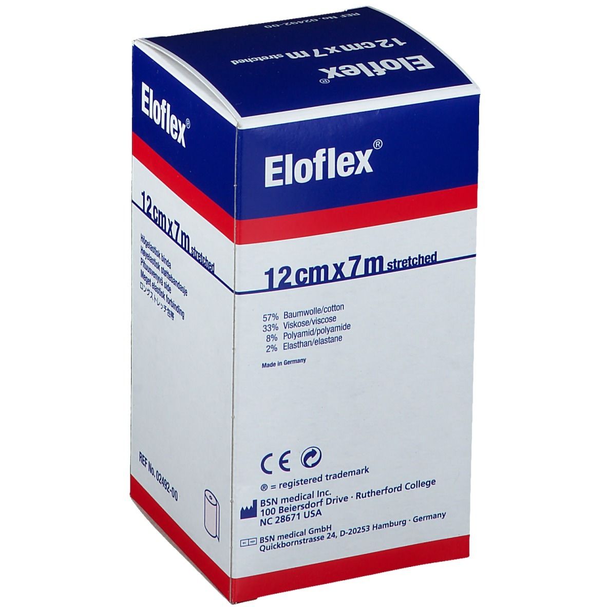 Emballage Eloflex. 12cm x 7m étiré. Bande de contention. Boîte blanche et bleue avec informations et logo.