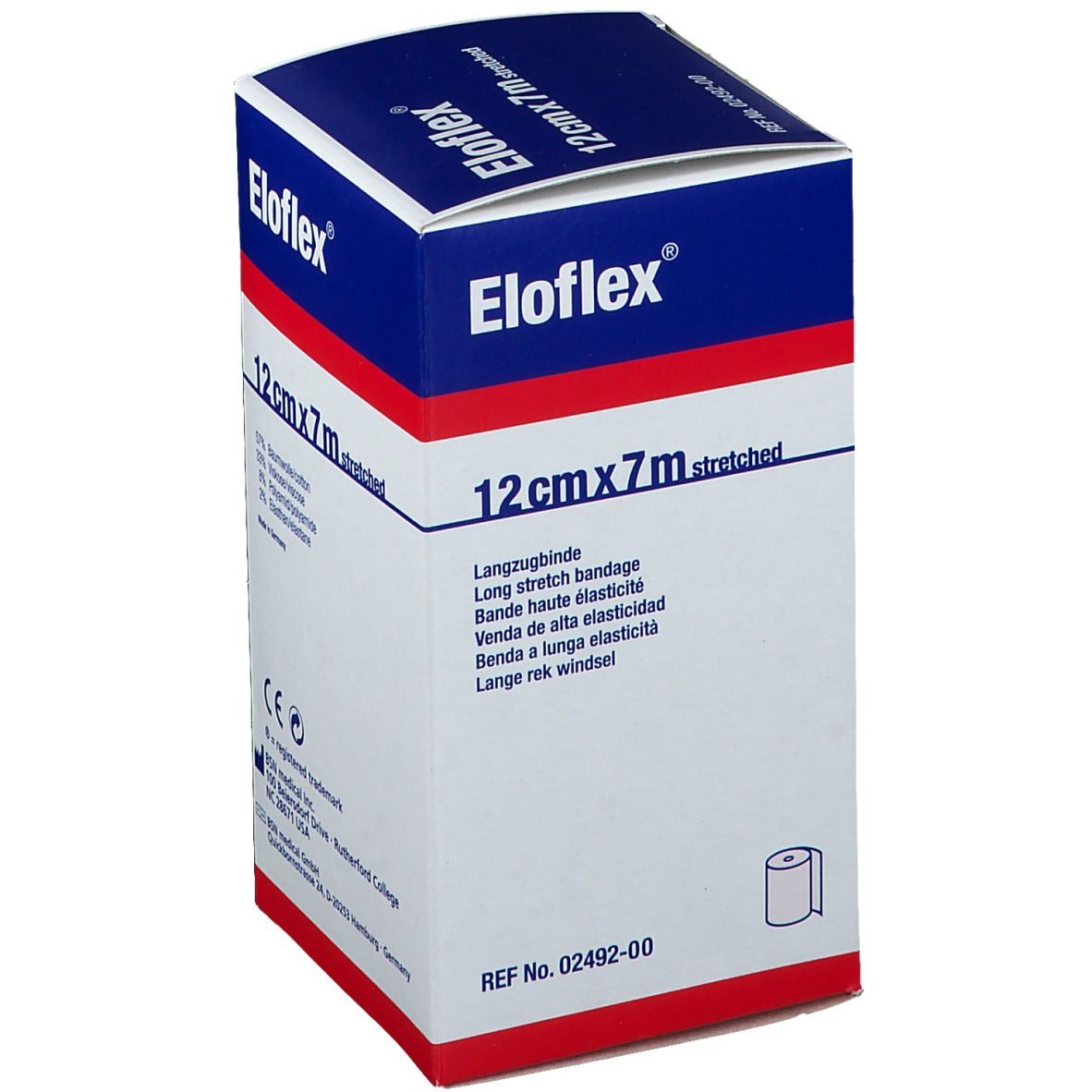 Emballage Eloflex. 12cm x 7m étiré. Bande de contention. Boîte blanche et bleue avec informations et logo.