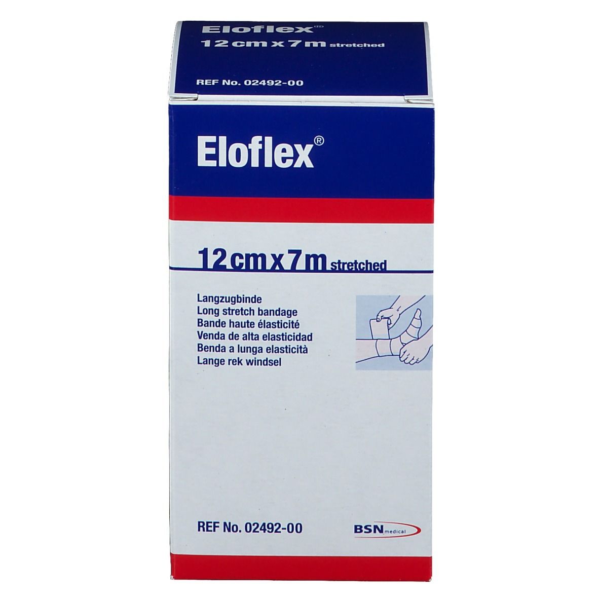 Emballage Eloflex. 12cm x 7m étiré. Bande de contention. Boîte blanche et bleue avec informations et logo.
