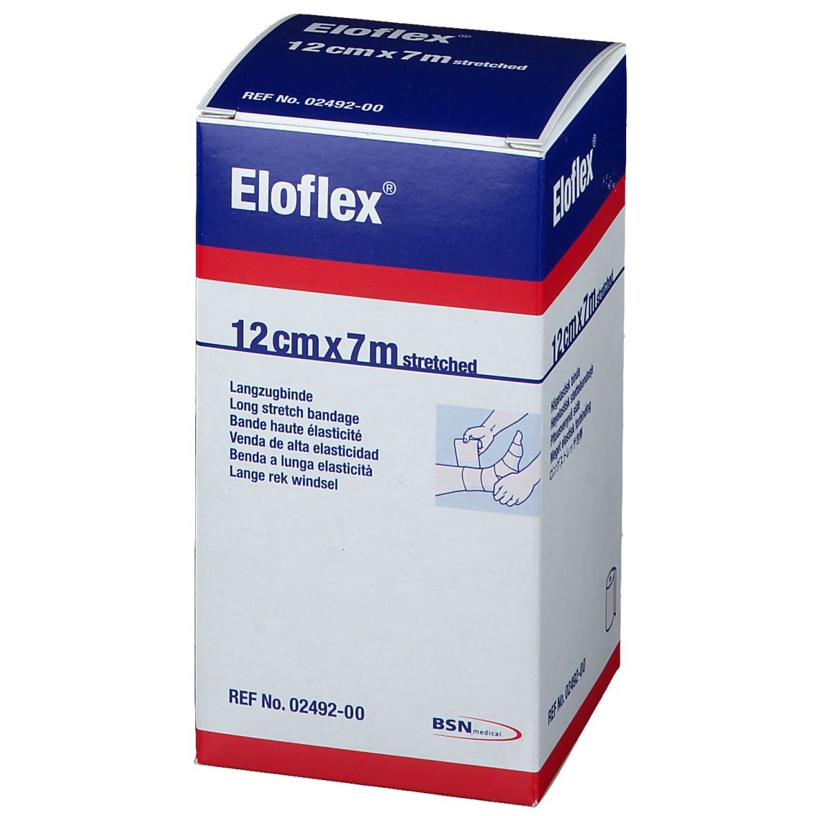 Emballage Eloflex. 12cm x 7m étiré. Bande de contention. Boîte blanche et bleue avec informations et logo.