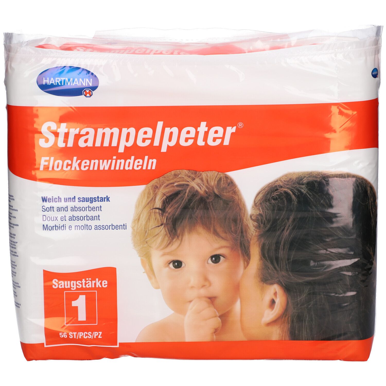 Paquet de couches Hartmann Strampelpeter. Illustration d'un bébé. Absorption 1. 56 pièces.