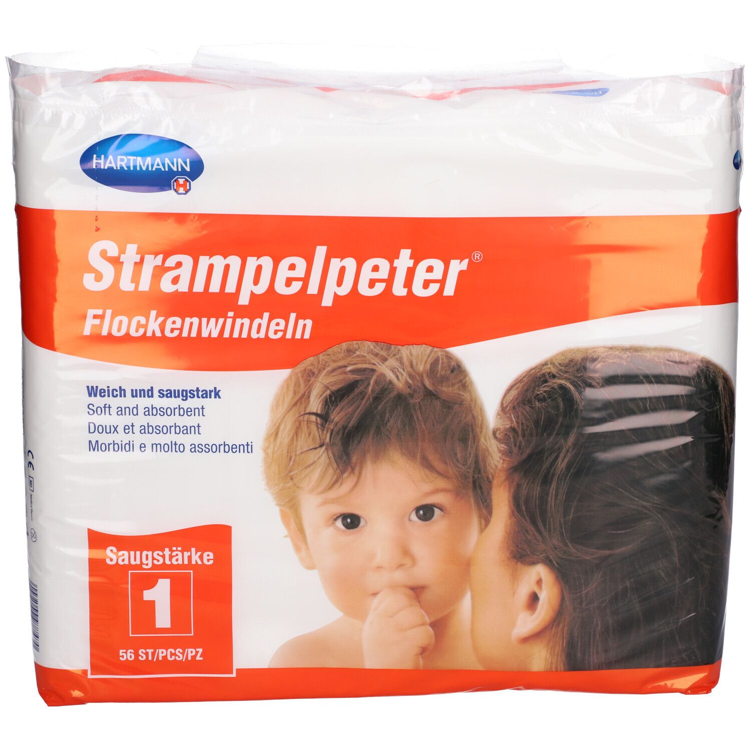 Paquet de couches Hartmann Strampelpeter. Illustration d'un bébé. Absorption 1. 56 pièces.