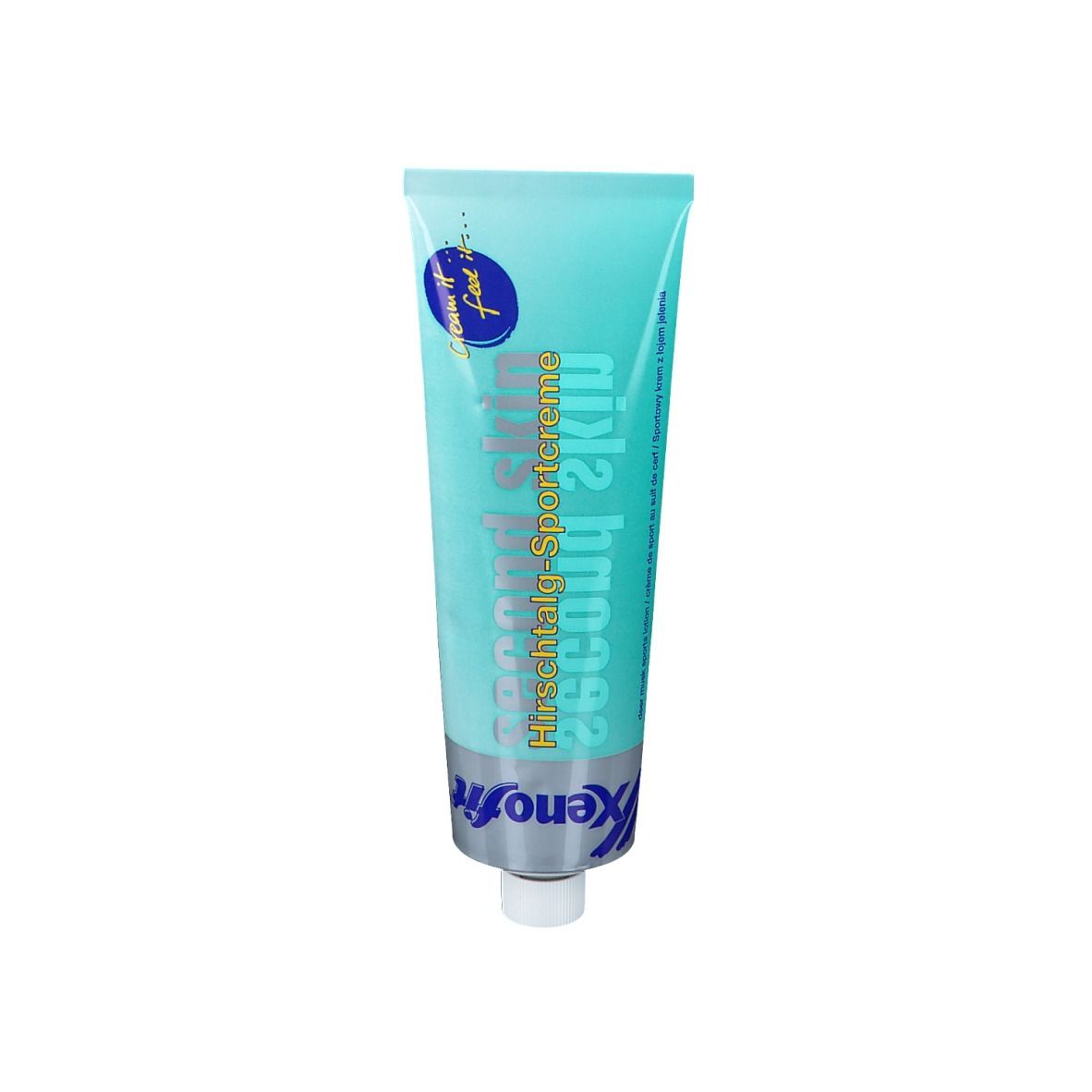 Tube turquoise avec bouchon blanc. Inscription : Second Skin Sportcreme, Xenofit.