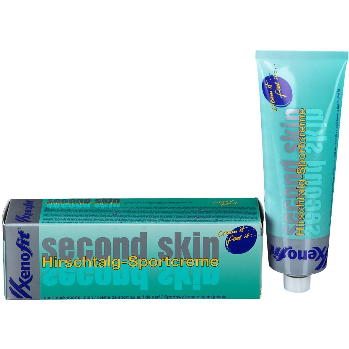 Tube et boîte. Tube : turquoise, bouchon blanc. Boîte : turquoise, blanc, inscription : Second Skin Sportcreme, Xenofit.