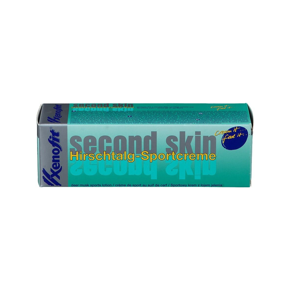 Boîte. Turquoise, blanc. Inscription : Second Skin Sportcreme, Xenofit.