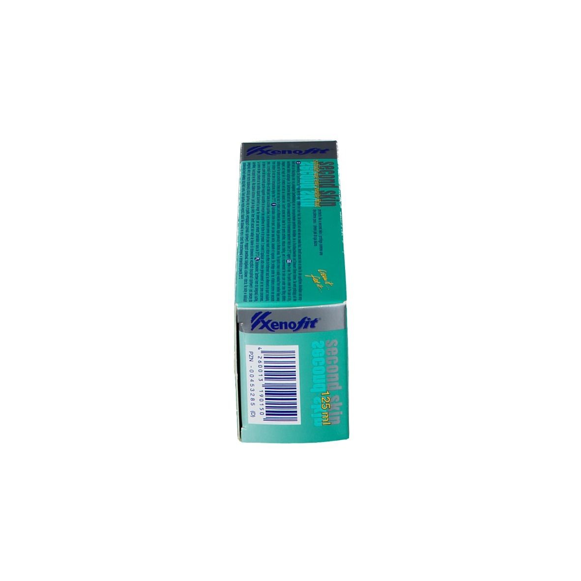 Boîte, debout. Turquoise, blanc. Inscription : Second Skin Sportcreme, Xenofit.