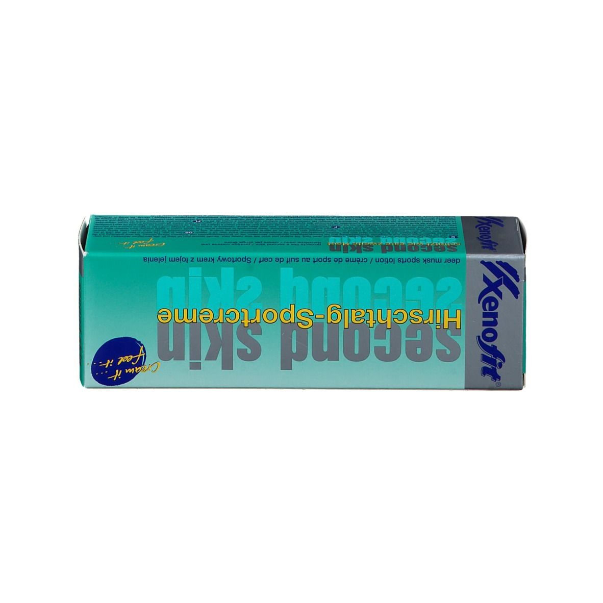 Boîte. Turquoise, blanc. Inscription : Second Skin Sportcreme, Xenofit.