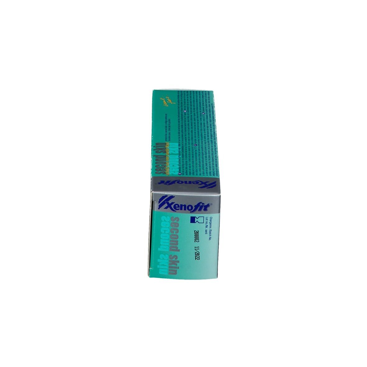 Boîte, debout. Turquoise, blanc. Inscription : Second Skin Sportcreme, Xenofit.