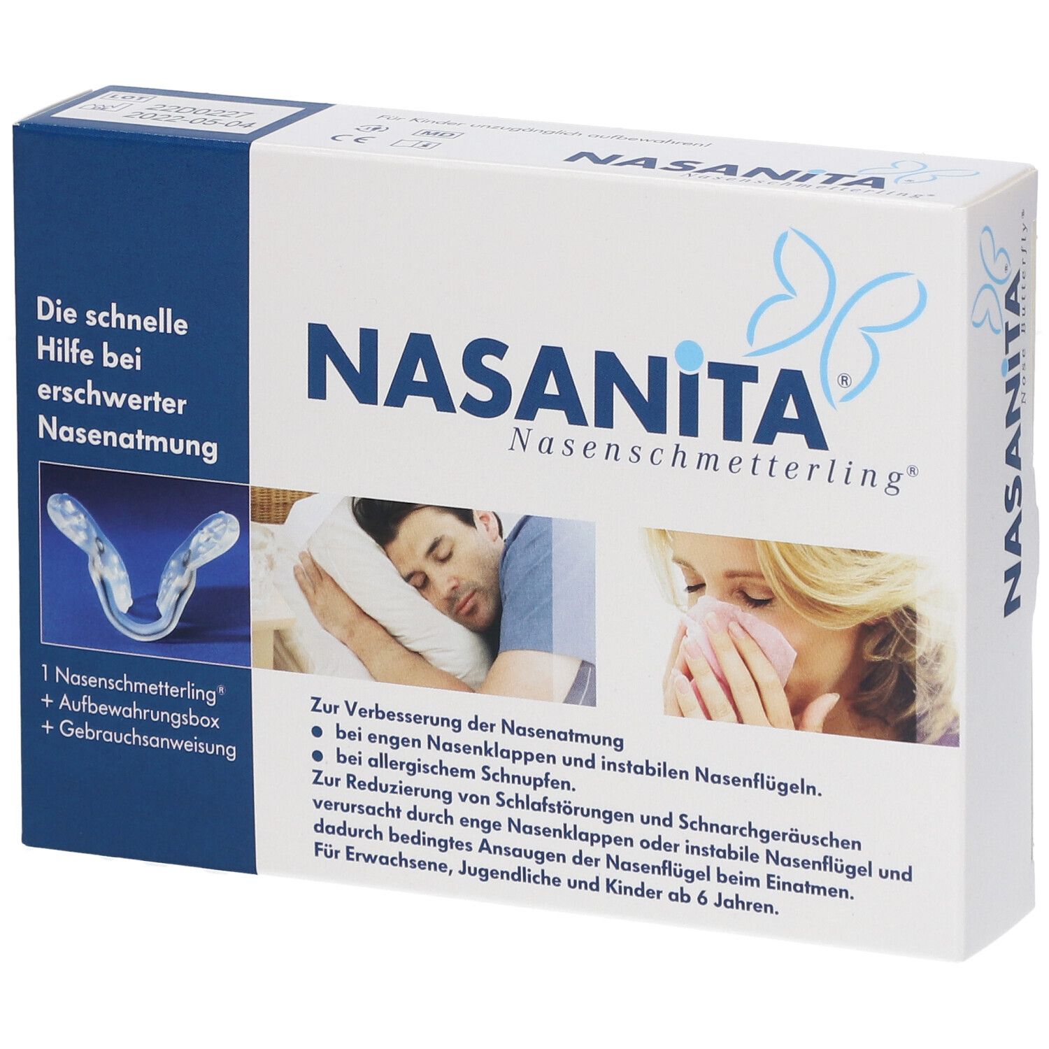 Nasanita Nasenschmetterling® : Clip nasal en titane et silicone pour améliorer la respiration nasale. Boîte de rangement incluse.