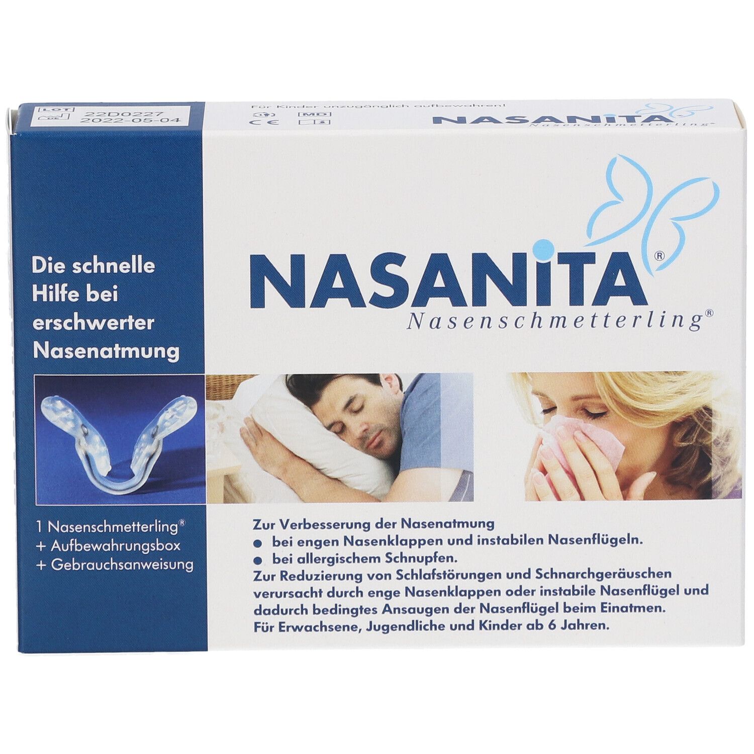 Nasanita Nasenschmetterling® : Clip nasal en titane et silicone pour améliorer la respiration nasale. Boîte de rangement incluse.