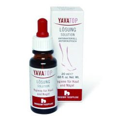 Flacon en verre brun avec pipette rouge et bouchon blanc. YAVATOP Lösung, soin de la peau et des ongles, avec emballage.