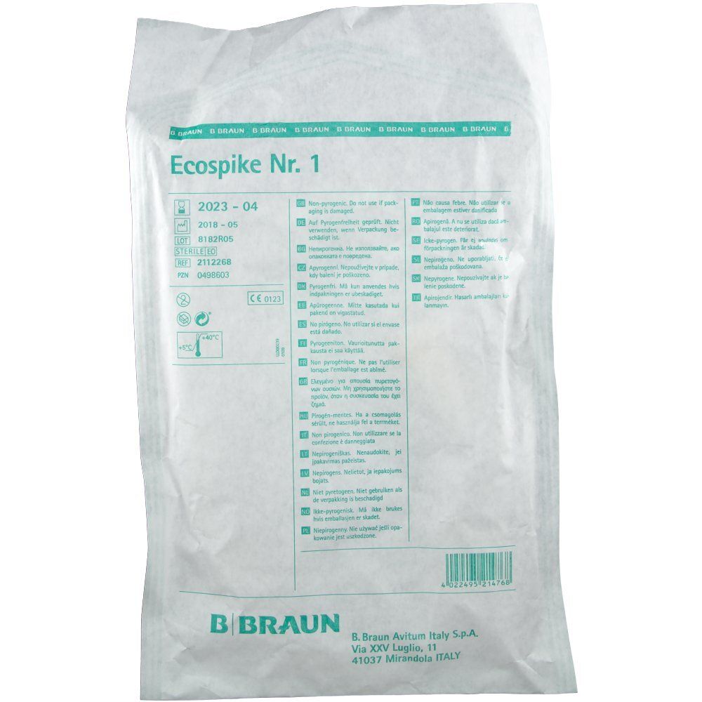 Emballage Ecospike Nr. 1. Sachet blanc avec informations produit et logo B. Braun.
