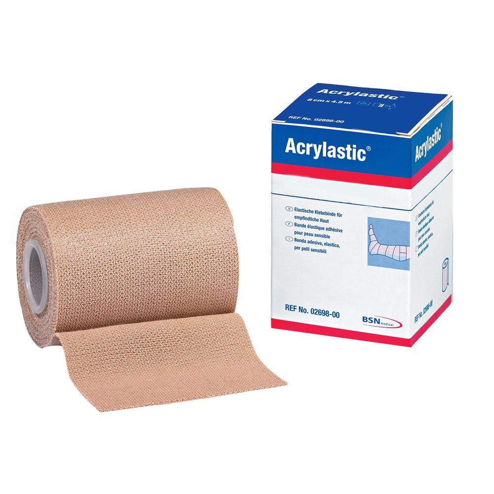 Bande adhésive élastique beige et emballage. L'emballage porte la mention Acrylastic, 8 cm x 2,5 m.