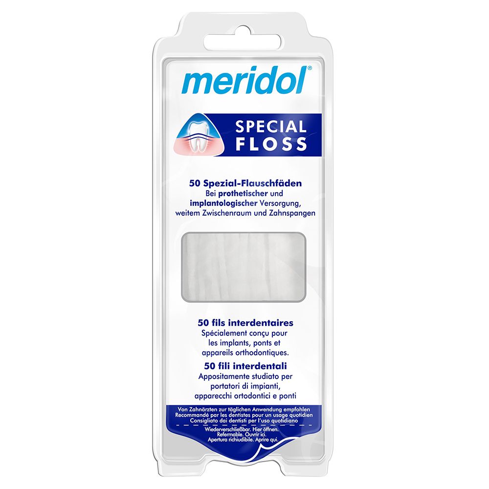 meridol Special Floss. Fil dentaire blanc dans un emballage transparent. 50 fils interdentaires.