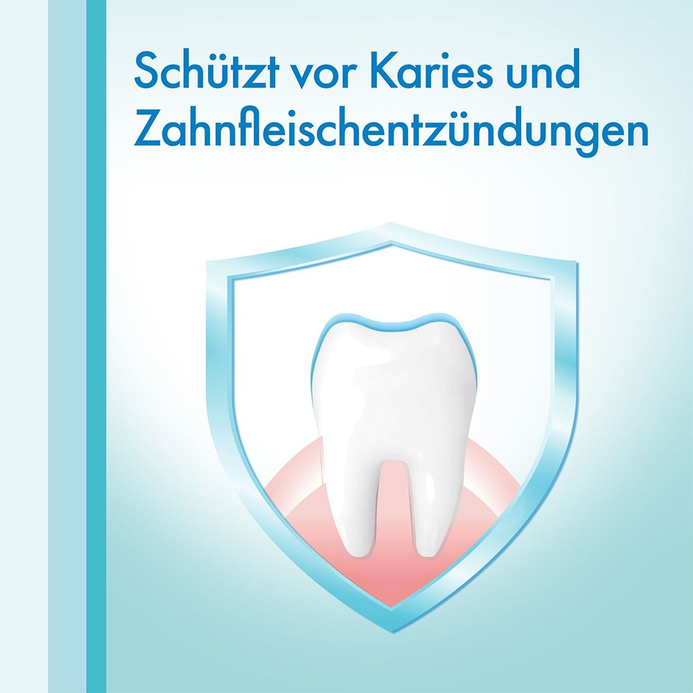 Illustration: Dent avec bouclier. Protège contre les caries et l'inflammation des gencives.