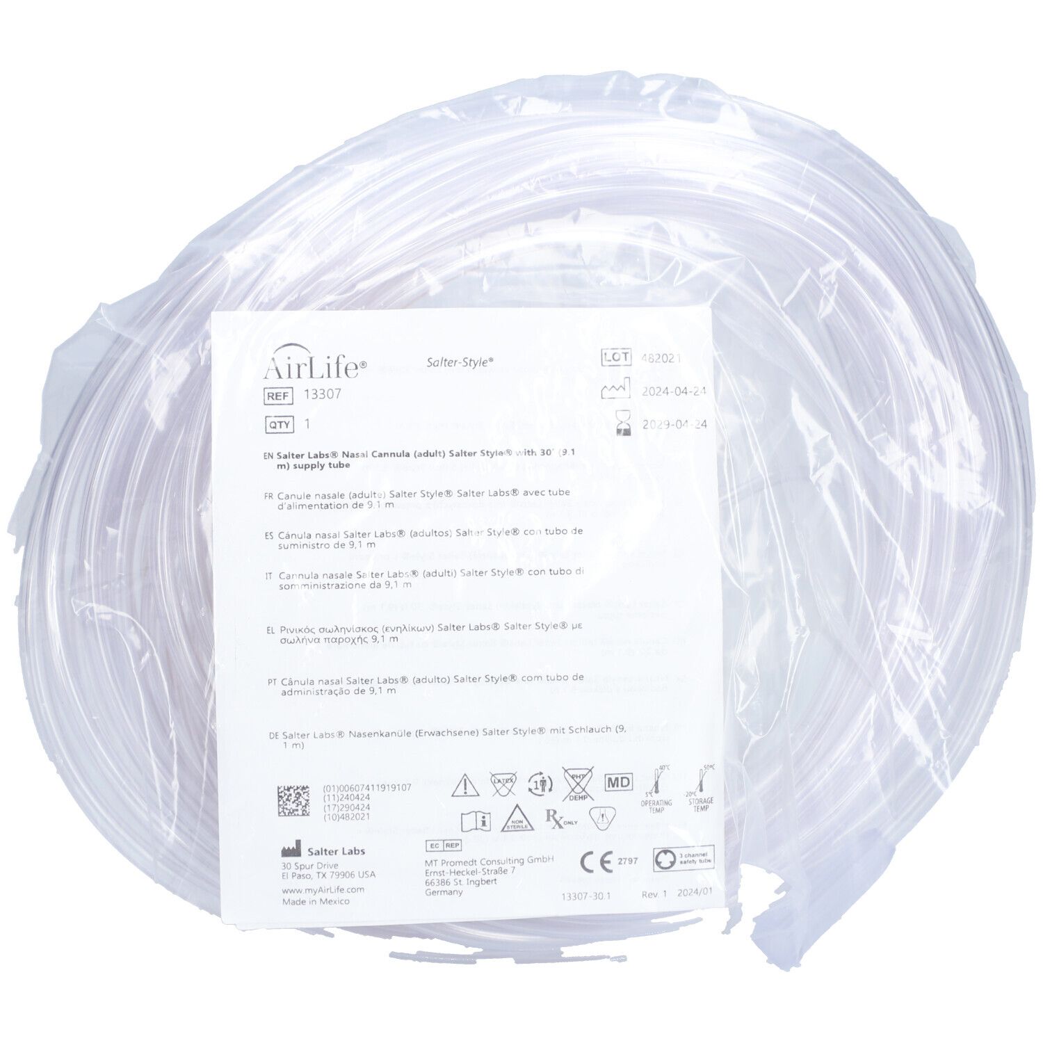 Tuyau transparent dans un emballage plastique. Une notice avec des informations sur le produit est incluse. Marque AirLife.