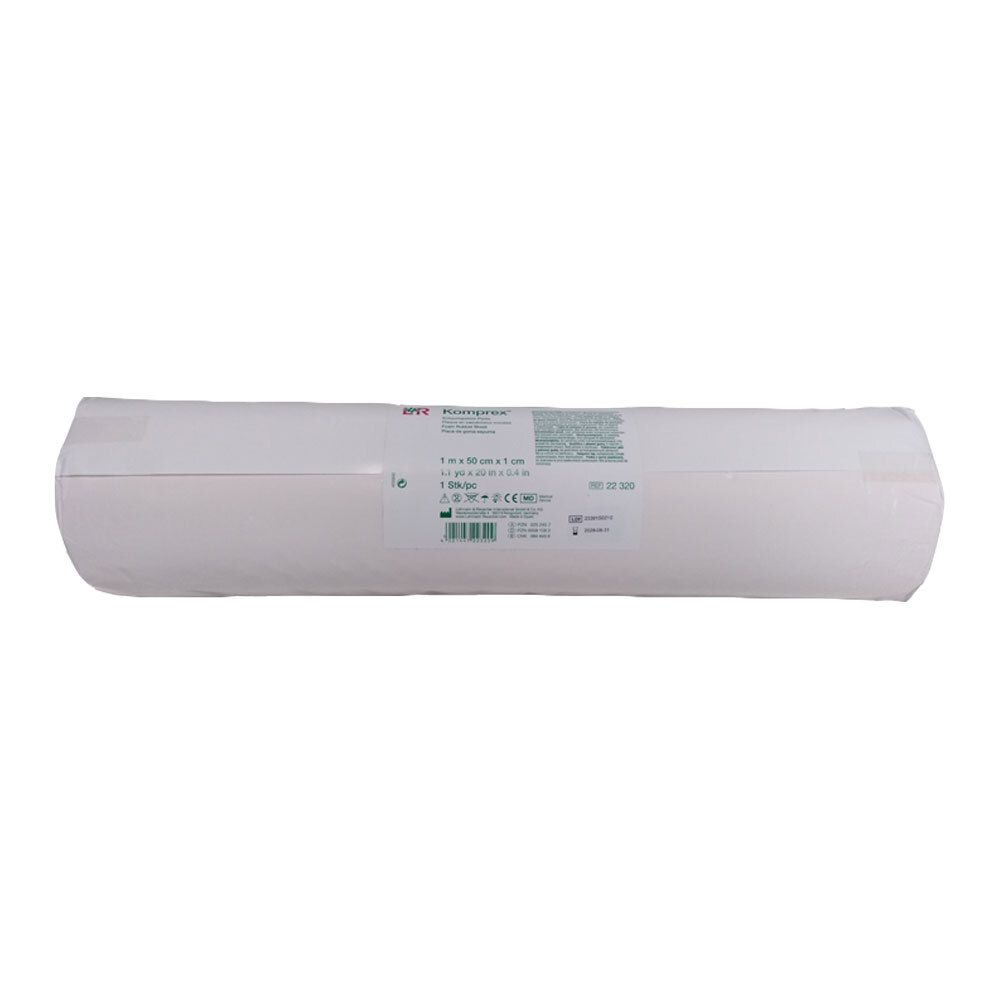 Rouleau de mousse de caoutchouc blanche. Étiquette avec informations produit. Dimensions : 50 cm x 1 m.