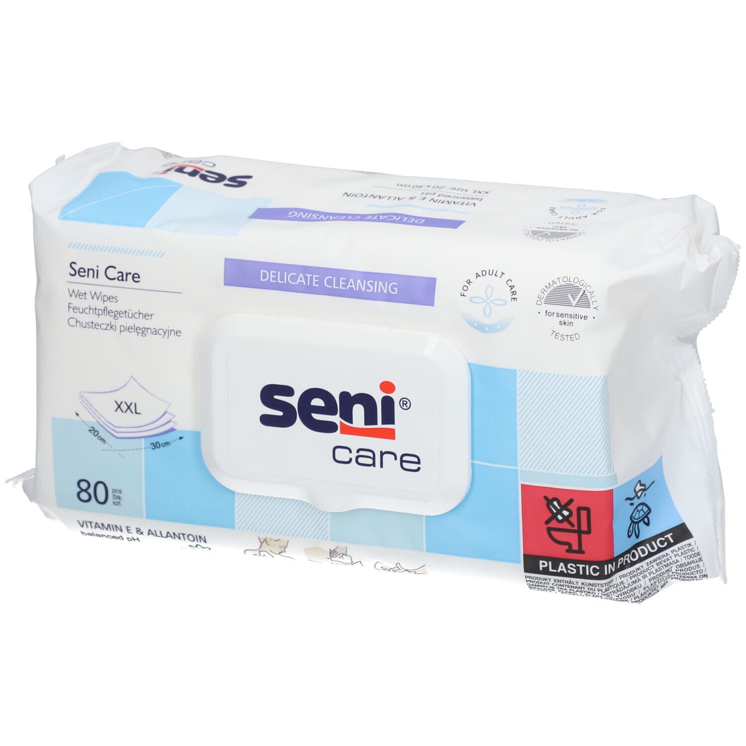 Paquet de lingettes Seni Care. Emballage blanc avec accents bleus. Logo Seni Care et texte. 80 lingettes, taille XXL.