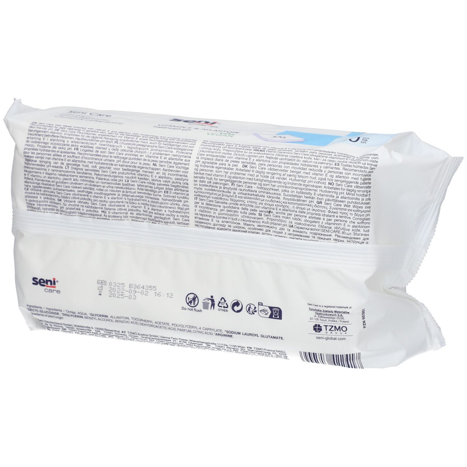 Dos du paquet de lingettes Seni Care. Texte multilingue. Informations sur les ingrédients et le fabricant. Logo TZMZ.