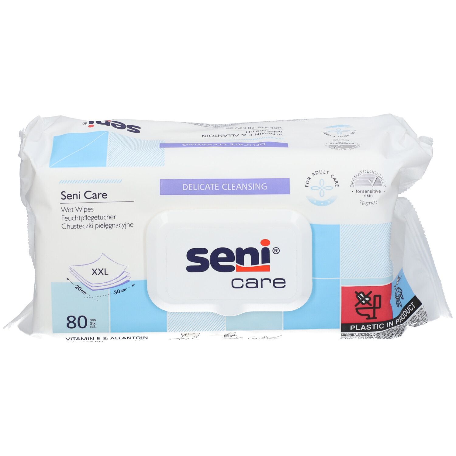 Paquet de lingettes Seni Care. Emballage blanc avec accents bleus. Logo Seni Care et texte. 80 lingettes, taille XXL.