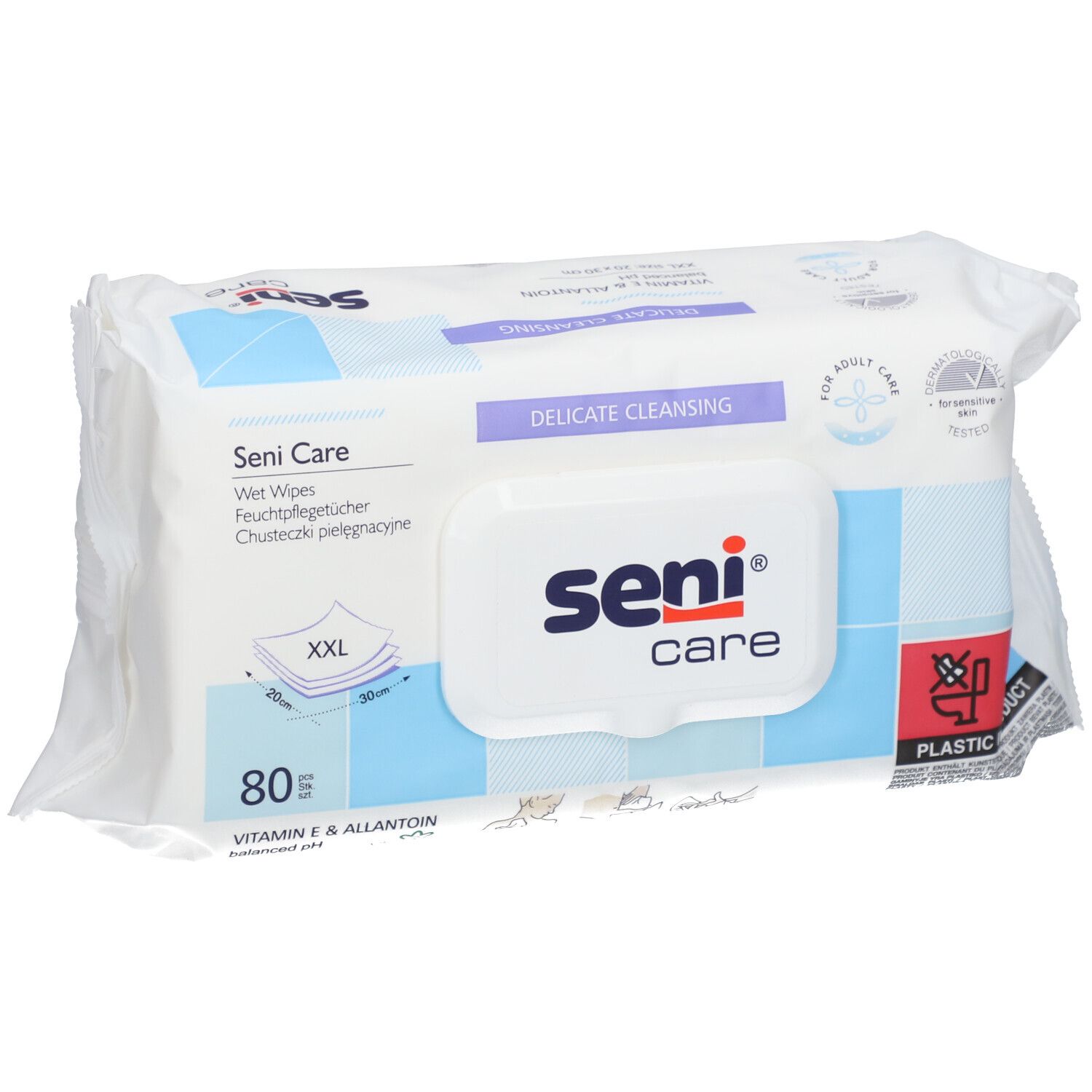 Paquet de lingettes Seni Care. Emballage blanc avec accents bleus. Logo Seni Care et texte. 80 lingettes, taille XXL.