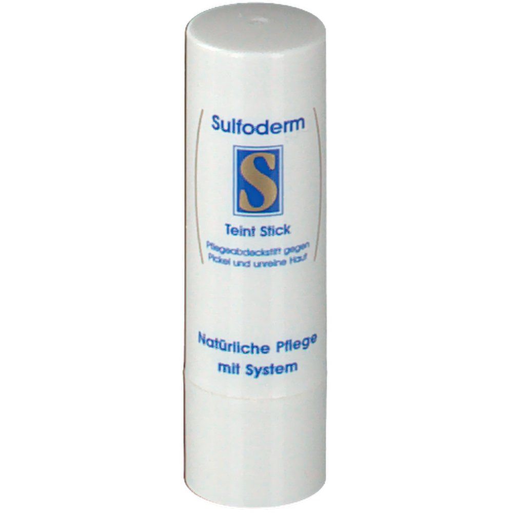 Stick blanc avec Sulfoderm, Teint Stick. Texte: Soin couvrant contre les boutons et la peau impure.