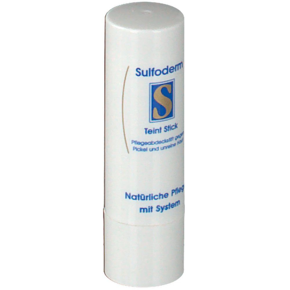 Stick blanc avec Sulfoderm, Teint Stick. Texte: Soin couvrant contre les boutons et la peau impure.