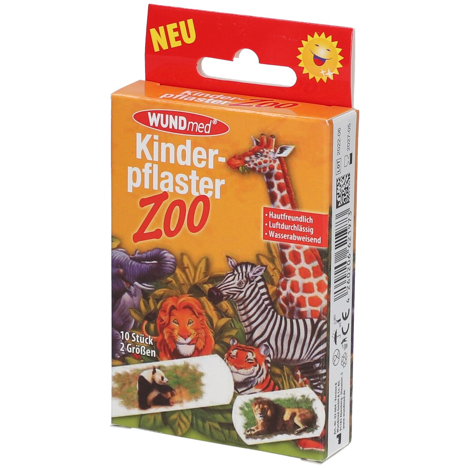 Boîte de pansements pour enfants. Motifs animaux de zoo. 10 pièces, 2 tailles. Boîte orange avec crochet.