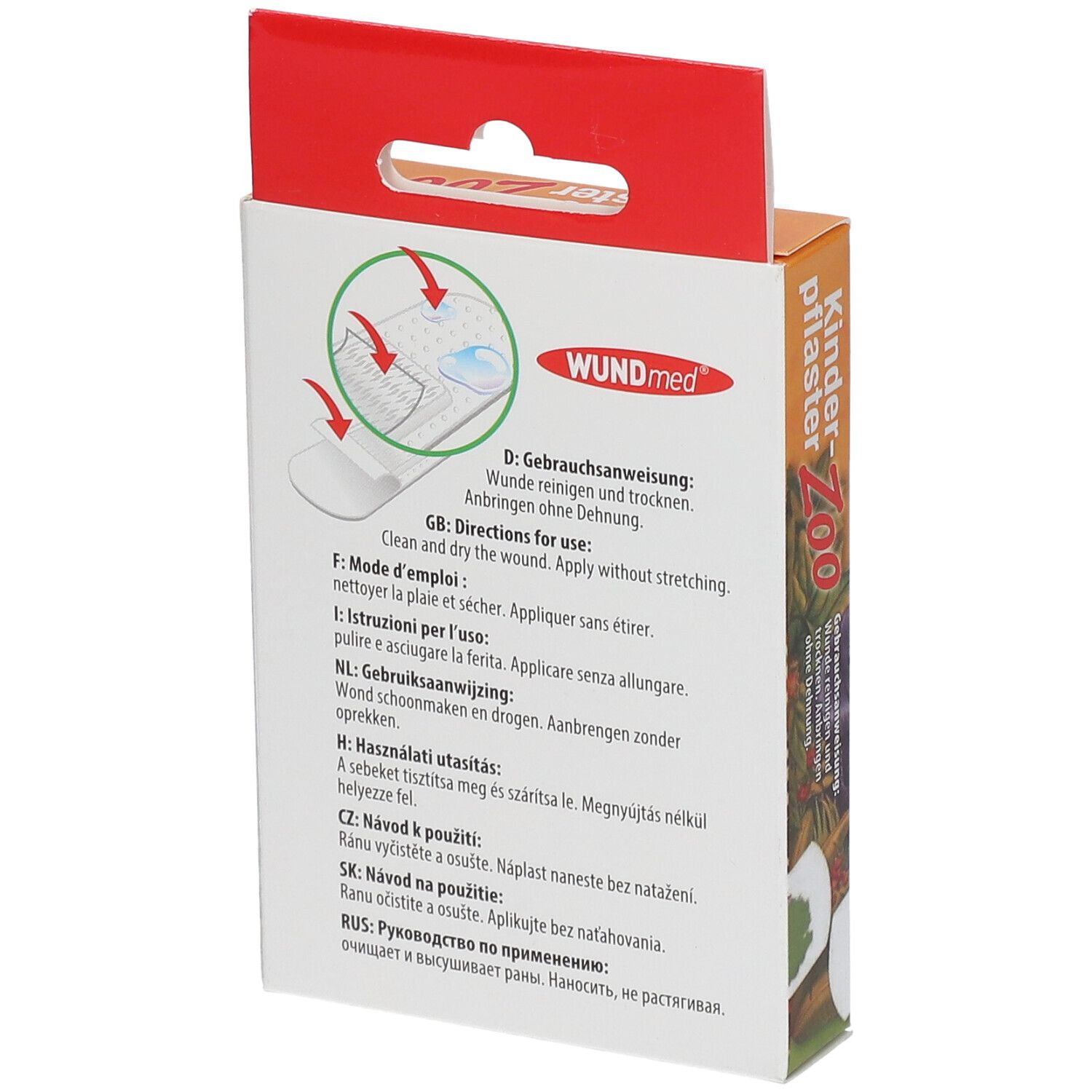 Dos de l'emballage des pansements pour enfants. Mode d'emploi multilingue. Illustration d'application.