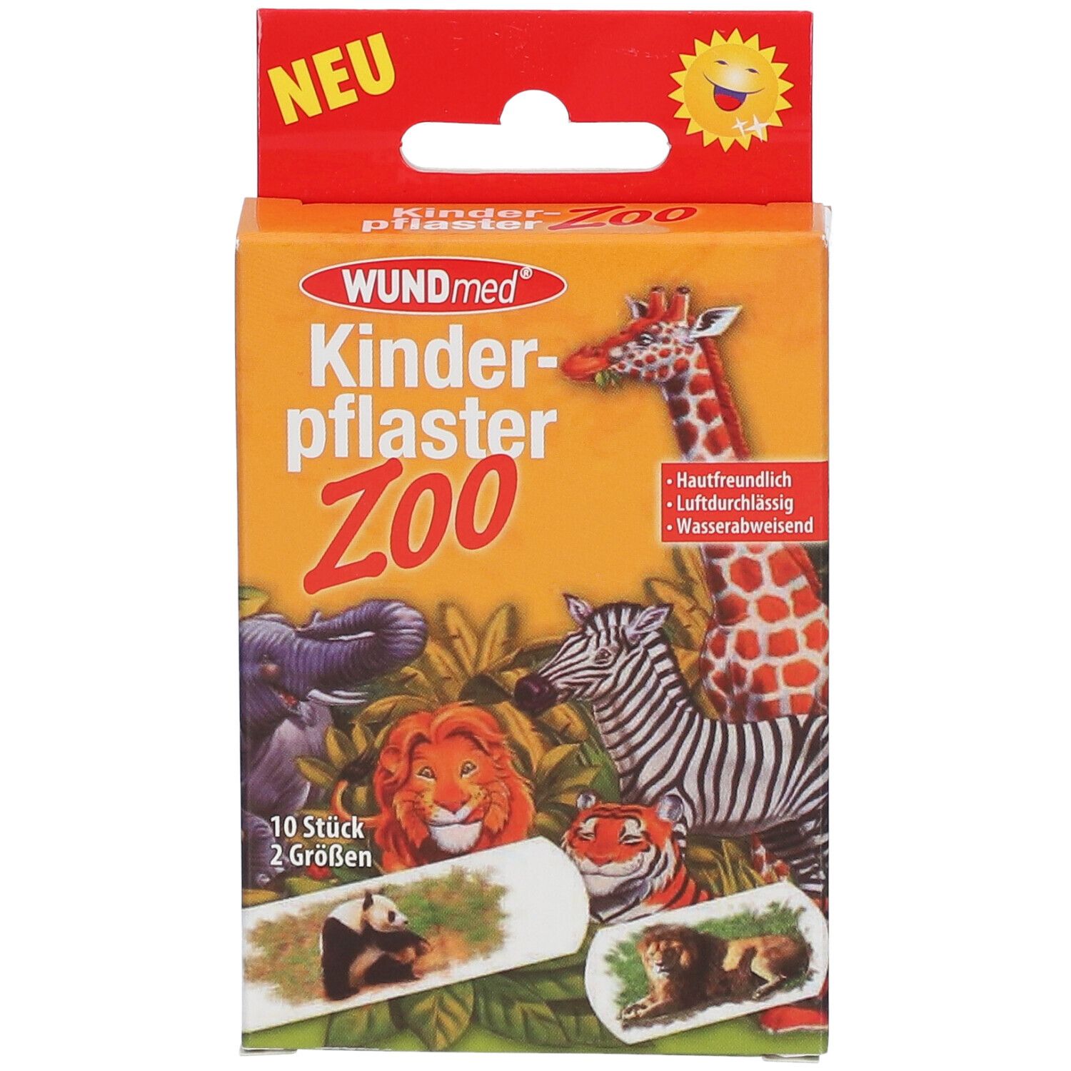 Emballage de pansements pour enfants avec motifs de zoo. Boîte orange avec crochet. 10 pièces, 2 tailles. Nom du produit et logo.