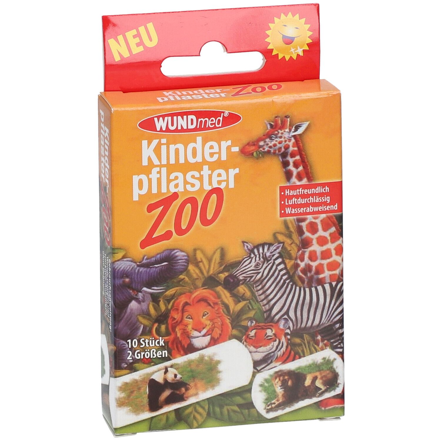 Emballage de pansements pour enfants avec motifs de zoo. Boîte orange avec crochet. 10 pièces, 2 tailles. Nom du produit et logo.