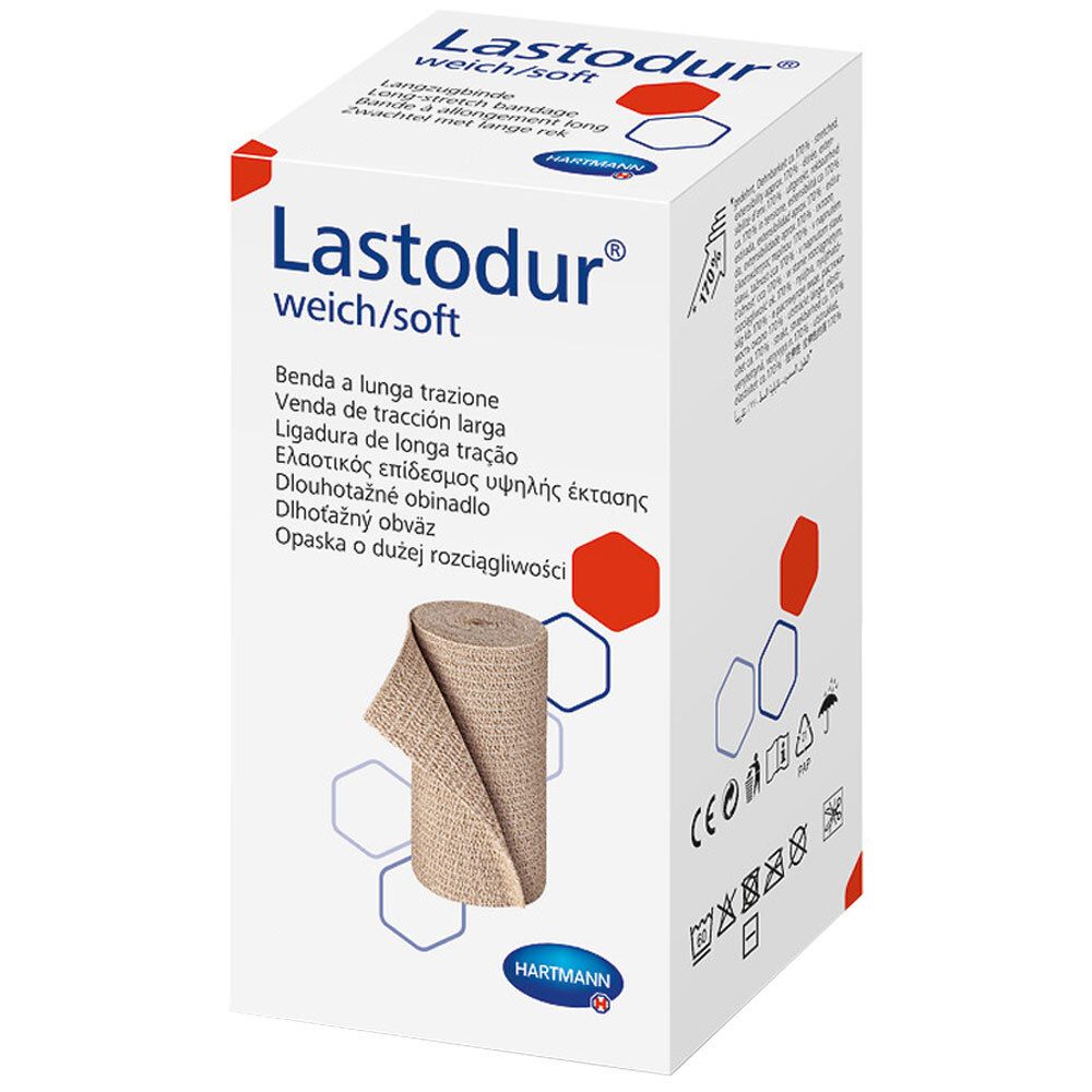 Emballage Lastodur weich/soft. Rouleau de bandage beige. Logo Hartmann. Désignations multilingues du produit.