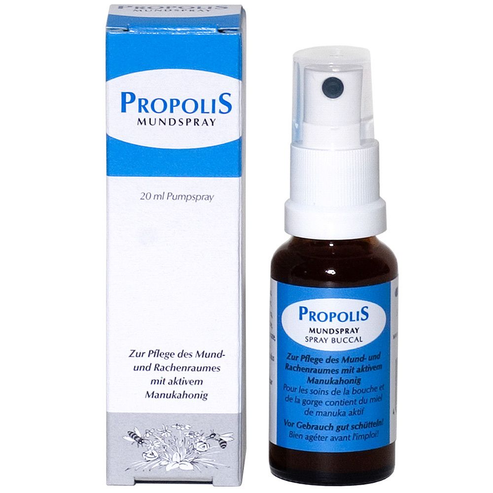 Spray buccal Propolis et emballage. Flacon avec pulvérisateur et boîte. Inscription : Propolis Mundspray, 20 ml vaporisateur.