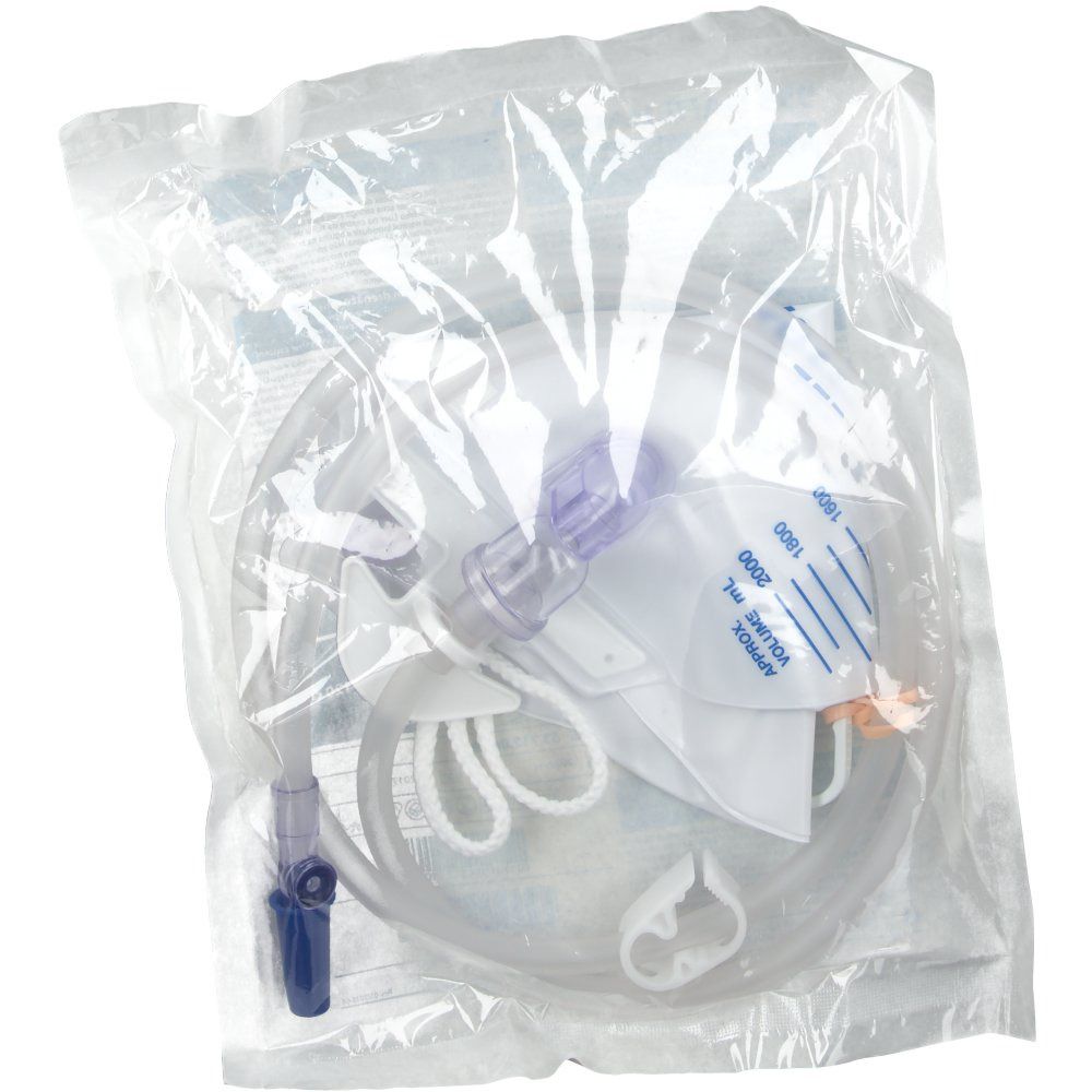 Poche à urine dans un emballage transparent. Visible : poche, tube, connecteur, échelle de mesure. Certaines parties sont bleues et blanches.