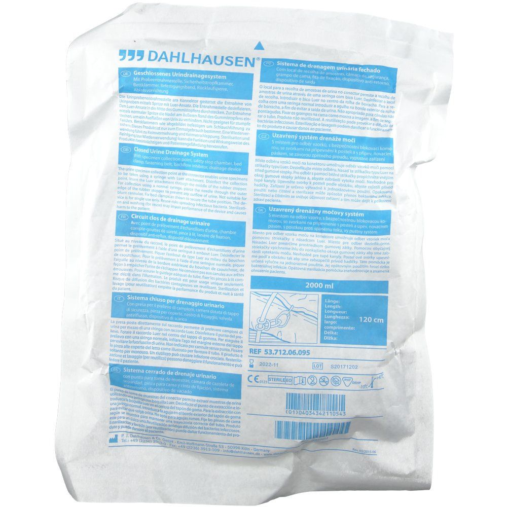 Emballage d'une poche à urine. Verso avec texte multilingue. Logo Dahlhausen en haut. En bas : 2000 ml, 120 cm, numéro REF.